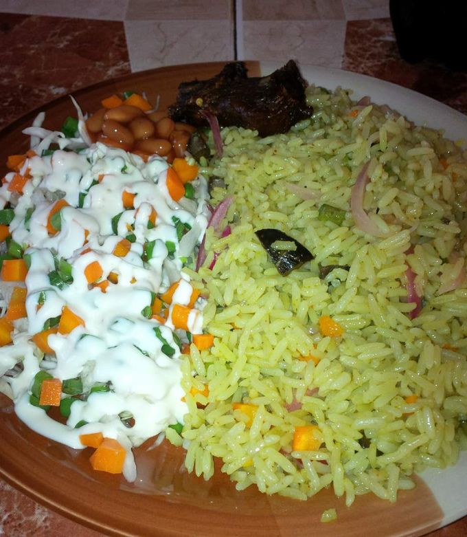 Fried Rice, salad, and Beef 